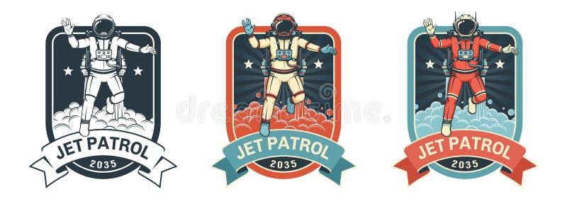 Retro space badge with astronaut taking off in spacesuit stock illustration