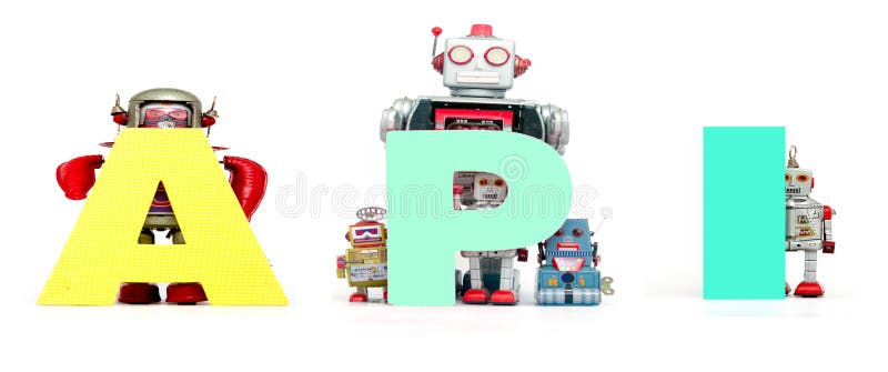 Retro speelgoed van de tinrobot steunt het geïsoleerde acroniem API royalty-vrije stock foto's Retro speelgoed van de tinrobot steunt het geïsoleerde acroniem API royalty-vrije stock foto's