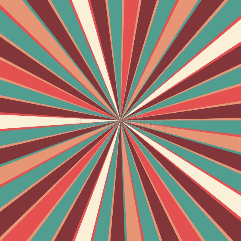 Retro starburst or sunburst background pattern with a vintage color palette of burgundy red pink peach teal blue and beige white in a radial striped design