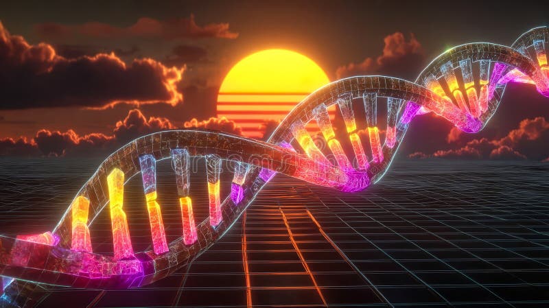 Retro style animation of rotating DNA helix with neon lighting stock photo