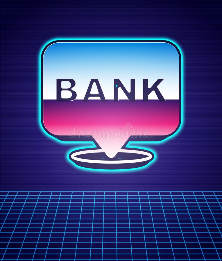 schouder Elektropositief Bende Retro Style Bank Building Icon Isolated Futuristic Landscape Background.  80s Fashion Party Stock Vector - Illustration of light, symbol: 216214310