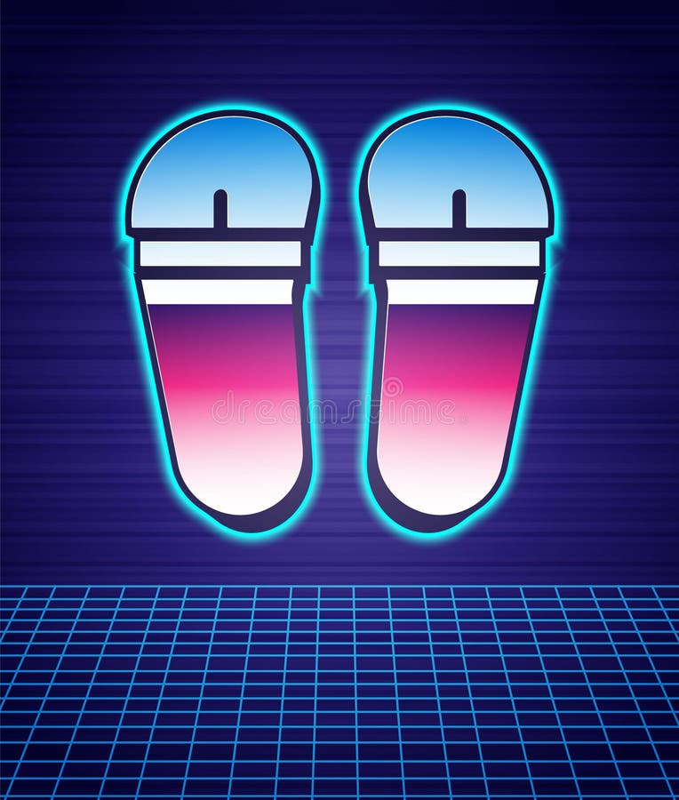 Retro style Flip flops icon isolated futuristic landscape background. Beach slippers sign. 80s fashion party. Vector