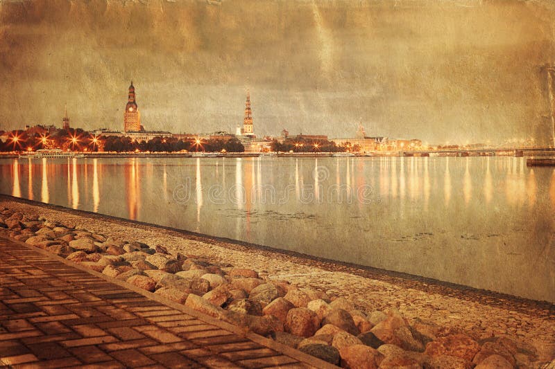 Retro style image of night Riga cityscape