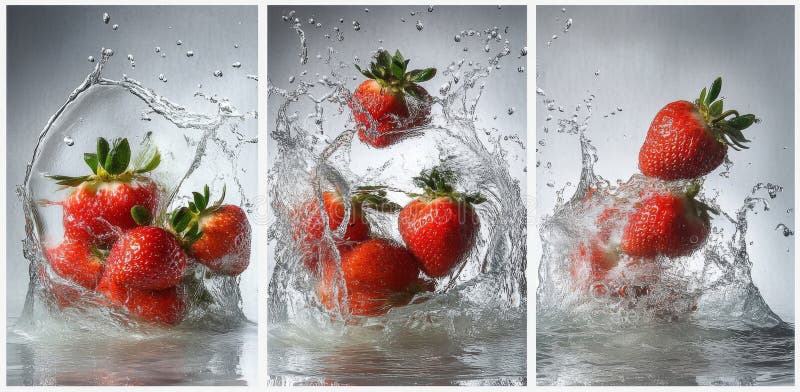 Retro-style image: Ripe strawberries floating in clear water, against a white backdrop royalty free stock image