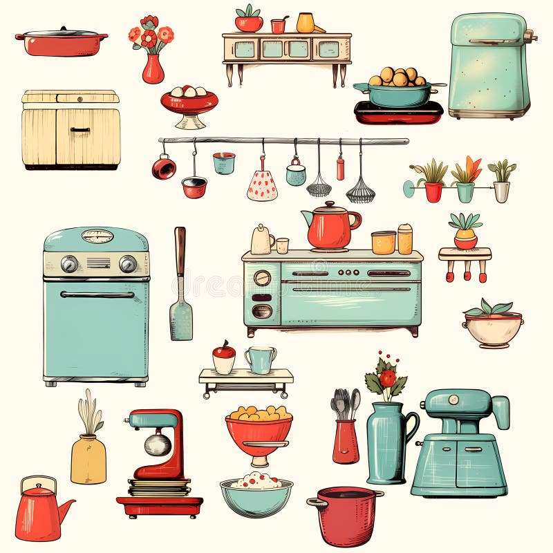 Retro Kitchen Appliance Clipart,retro Pink Clipart,household  Objects,watercolor Clipart, Vintage Kitchen Png,kitchen Stickers,retro  Fridge 