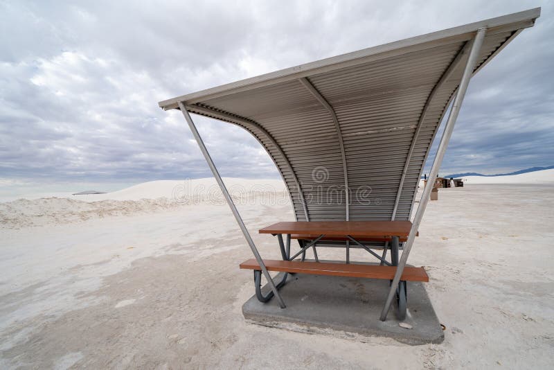 Retro style picnic tables and rest areas inside of White Sands N stock images Retro style picnic tables and rest areas inside of White Sands N stock images