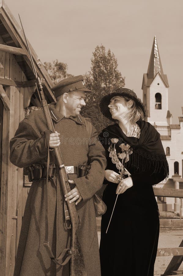 Retro style picture with woman and soldier