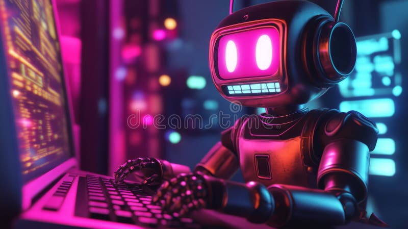 Retro-style robot coding on a futuristic computer in neon lighting. A retro-styled robot with a boxy design types on a futuristic computer in a neon-lit environment. The contrast of nostalgic design with high-tech surroundings creates a vibrant, futuristic, yet retro vibe.. AI Generation AI generated