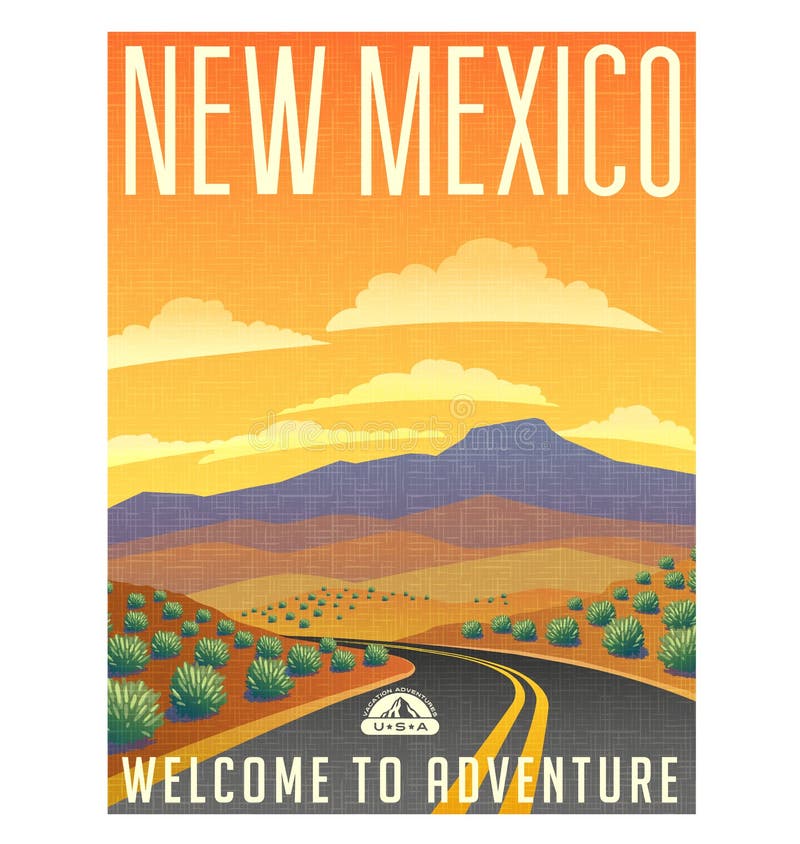 Retro style travel poster United States, New Mexico desert