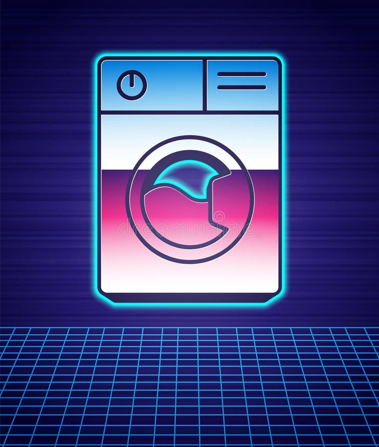 Retro style Washer icon isolated futuristic landscape background. Washing machine icon. Clothes washer - laundry machine vector illustration