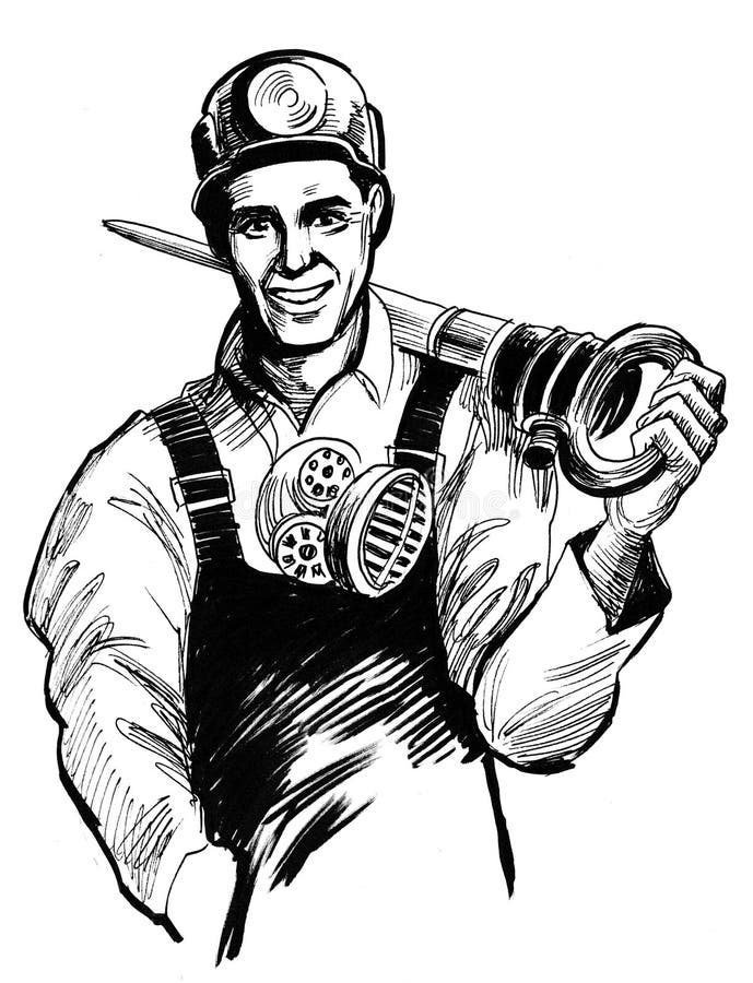 Retro styled black and white ink illustration of a smiling miner with a jac...