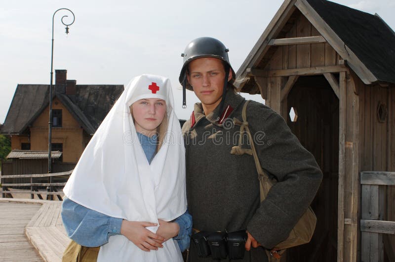 Retro styled picture with nurse and soldier