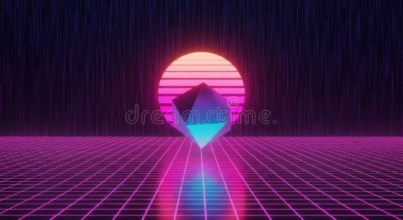 Stunning retro synthwave background featuring a vibrant 80s-inspired sunset, a floating geometric crystal, and a glowing grid. Perfect for wallpapers, website backgrounds, and design projects seeking a nostalgic, futuristic vibe. The image boasts a high-resolution 3D rendering with iridescent and neon color schemes. 80s background illustrations