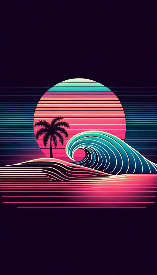 Retro Synthwave Sunset with Palm Trees and Ocean Waves, 80s Nostalgia ...