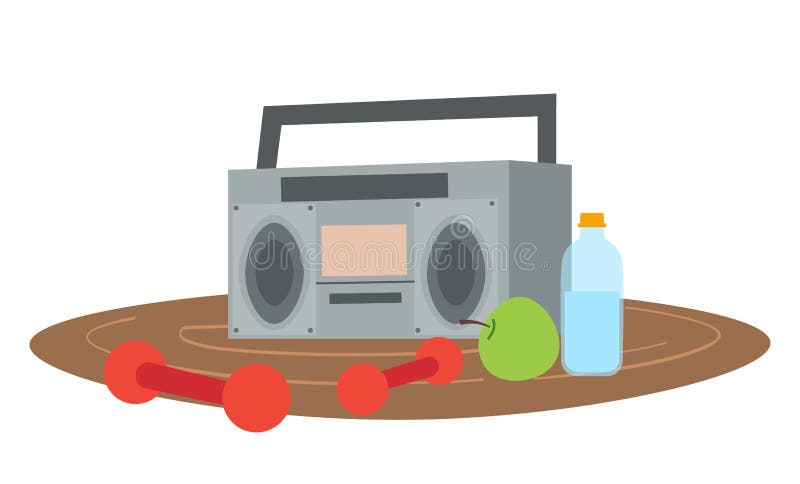 Retro tape recorder for audio cassettes, dumbbells, apple and water bottle lie on a carpet