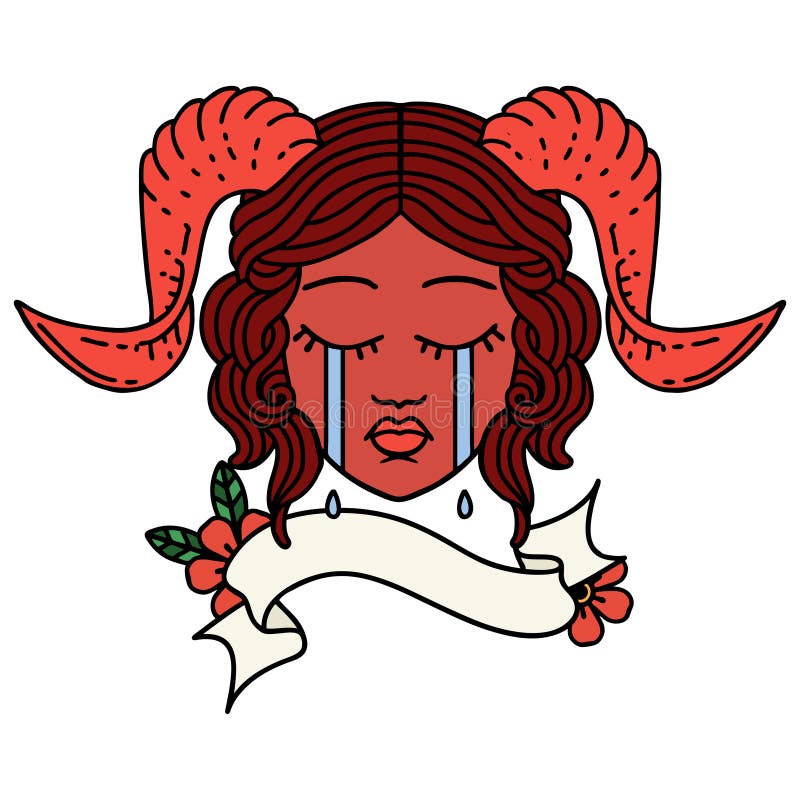 Crying Tiefling Character Face with Scroll Banner Illustration Stock ...