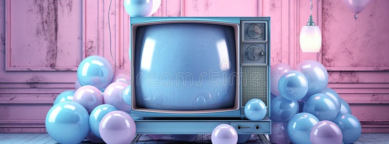Televizor retro plasat în fața unei serii de baloane colorate. generate. vector illustration
