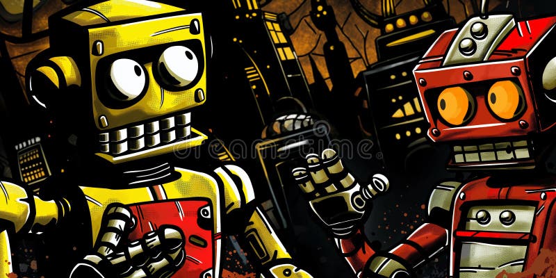 Roboți de tip retro tin care poartă conversații animate într-un peisaj urban futurist stock illustration