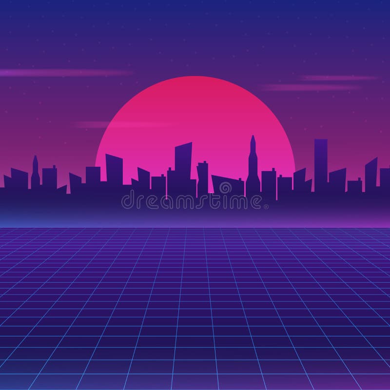 Retro toekomstige behang van sc.i-FI van de de jaren '80stijl Futuristische nachtstad Cityscape op een donkere achtergrond met he royalty-vrije illustratie Retro toekomstige behang van sc.i-FI van de de jaren '80stijl Futuristische nachtstad Cityscape op een donkere achtergrond met he royalty-vrije illustratie