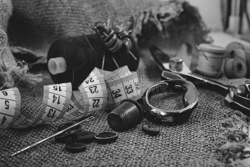 Retro Tools for Cutting and Sewing. Needle with Thread, Thimble, Sewing