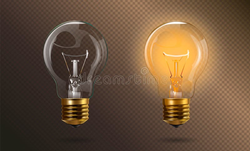 Retro transparent electric edison light bulb with a gold base in switched on and off position. Realistic 3d style