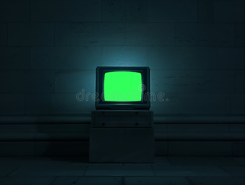 Retro TV with Green Screen in Dark Room Stock Illustration