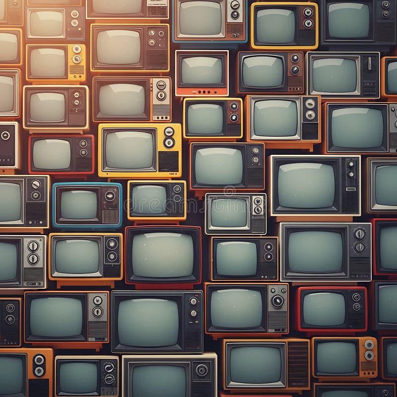This visual features a dense, mesmerizing pattern composed of stacked vintage CRT television sets. The screens are uniformly blank, and the colorful cases (yellow, red, black, and grey) create a nostalgic, multimedia background texture. This vibrant array of old technology evokes themes of media overload and retro communication design. Rendered by Ai. Tv wall pattern illustrations