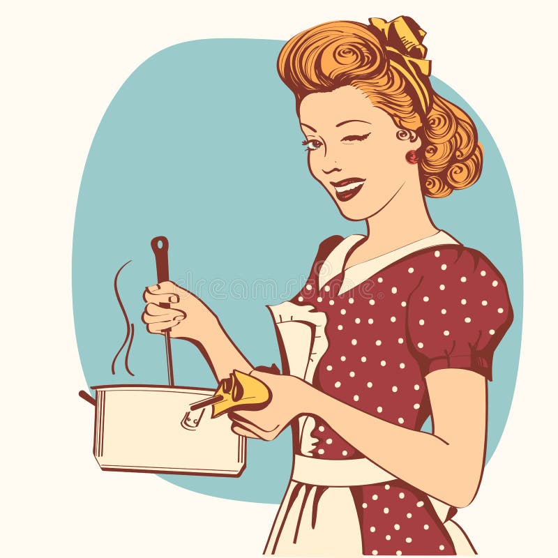 Retro ung kvinna i retro kläder som lagar mat soppa stock illustrationer