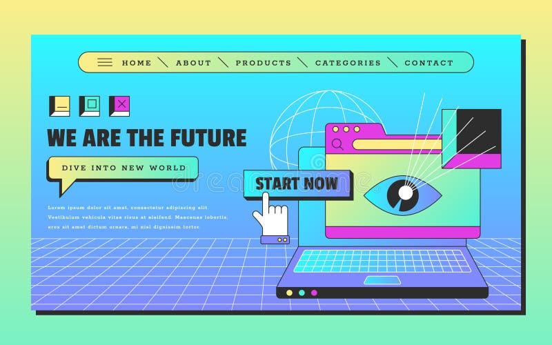 Retro vaporwave landing page with laptop, browser tab and open window royalty free illustration
