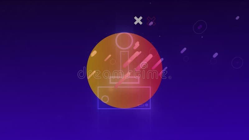 Retro video game controller neon icon against purple light trails on blue background stock illustration