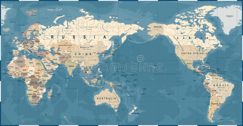 Retro viejo del vintage del mapa del mundo - Asia en el centro