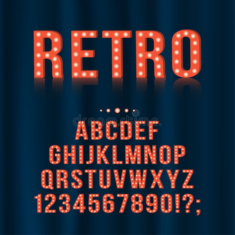 Retro, vintage light bulb alphabet letters and numbers for signboards, movie, theatre, casino stock illustration Retro, vintage light bulb alphabet letters and numbers for signboards, movie, theatre, casino stock illustration