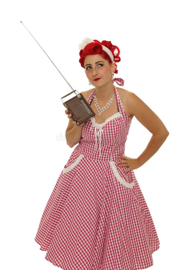 Retro vrouw met radio royalty-vrije stock foto