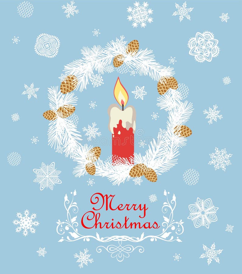 Retro- Weihnachtsgrußkarte mit herausgeschnittenem Papiertannenkranz, roter Kerze, Schneeflocken und goldenem Tannenbaumkegel lizenzfreie abbildung Retro- Weihnachtsgrußkarte mit herausgeschnittenem Papiertannenkranz, roter Kerze, Schneeflocken und goldenem Tannenbaumkegel lizenzfreie abbildung