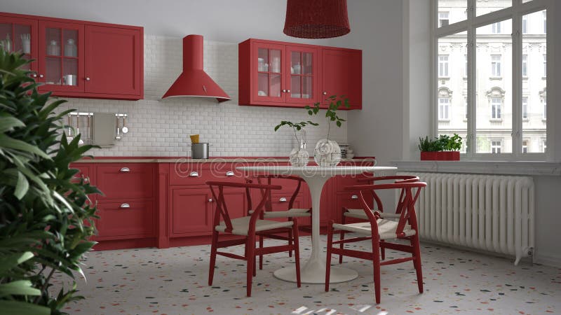 Retro White And Red Vintage Kitchen With Terrazzo Marble Floor