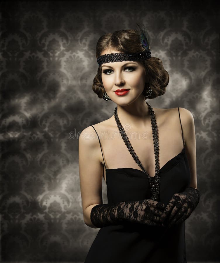 Retro Woman Hairstyle Portrait, Elegant Lady Make Up with Vintage Hair Style in Fashion Model Black Dress