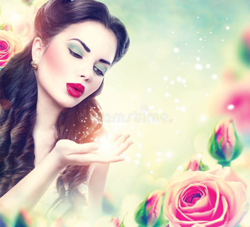 Retro woman portrait in pink roses garden royalty free stock images Retro woman portrait in pink roses garden royalty free stock images