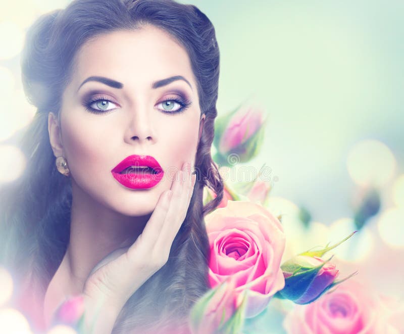 Retro woman portrait in pink roses royalty free stock image Retro woman portrait in pink roses royalty free stock image