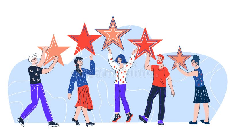 Retroalimentación de cinco estrellas. tasa de satisfacción de los clientes vector plano de dibujos animados. tasa de satisfacción de los clientes. clientes felices dejan la clasificación de cinco estrellas y críticas positivas ilustración vectorial plana aislada en fondo blanco.
