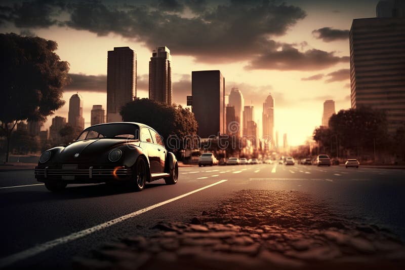 Retroauto auf der Straße in der Stadt bei Sonnenuntergang 3D rendering stock abbildung