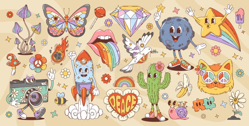Retrocartoon groovy Figuren und Hippie-Symbole lizenzfreie abbildung