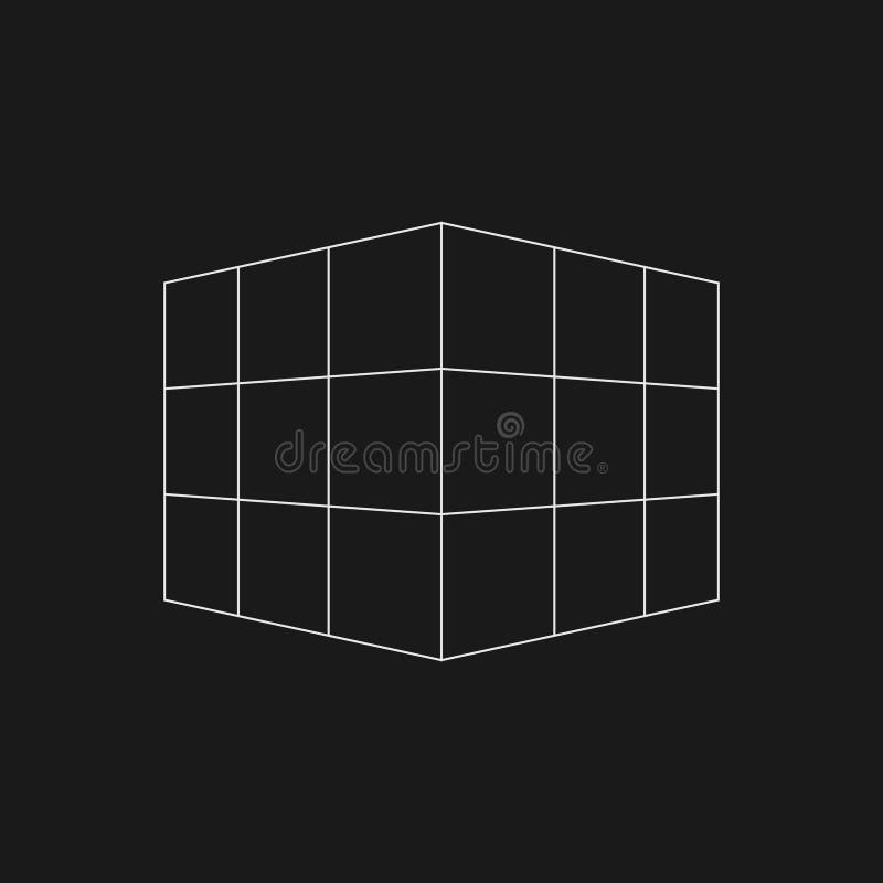 Retrofuturistic perspective mesh cube. Digital cyber retro design element. Cube in cyberpunk 80s style. Perspective vector illustration