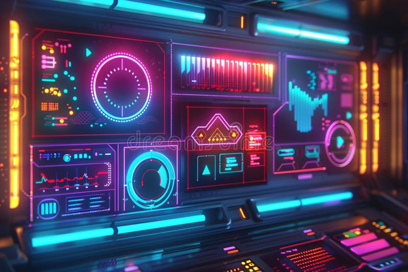Retrofuturistisk instrumentpanel med nybörjare som visar kontinuerlig återkoppling och implementeringssteg i 80-talets science fic vektor illustrationer