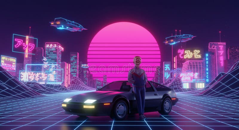 Retrofuturistisk scen som skildrar en nattlig citysm med neontecken i stock illustrationer