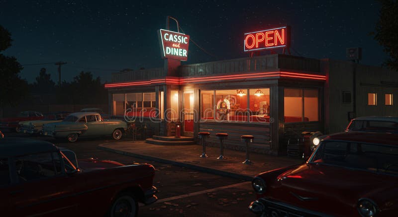Retrostil abends mit Neonschildern mit CLASSIC DINER und OPEN. stock abbildung