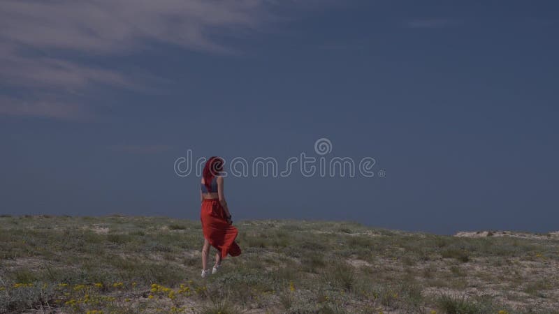 Retrovisione di una giovane donna dai capelli rossi in una gonna rossa che cammina contro un cielo blu