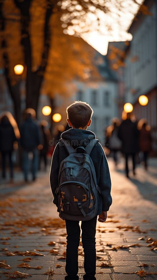 Retrovista di studenti delle scuole elementari in una strada serale illustrazione vettoriale