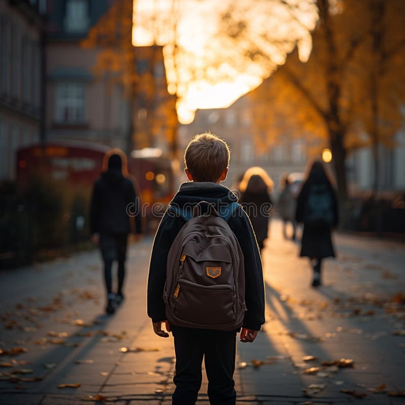 Retrovista di studenti delle scuole elementari in una strada serale royalty illustrazione gratis