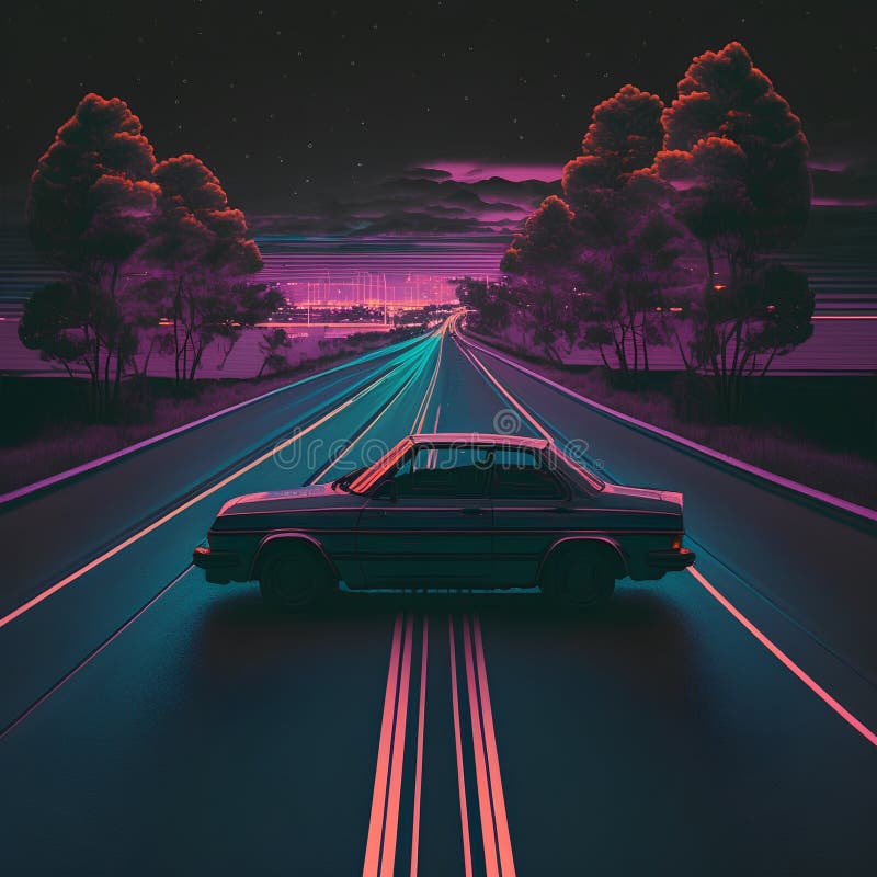 Retrowagen auf der Straße in Nacht 3D Rendering. stock abbildung