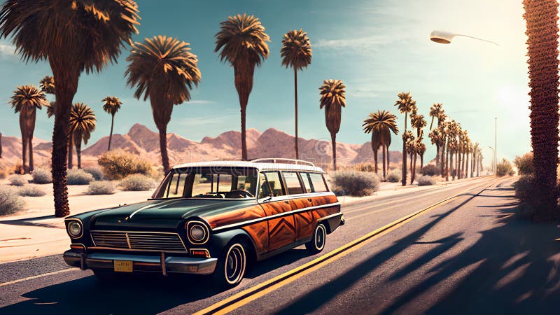 Retrowagen auf der Straße in der Wüste 3D Rendering. ai generiert. ai-generiertes Bild. Illustrations- und Clip-Kunst.
